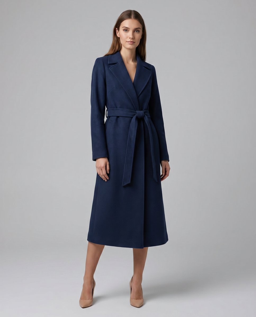 Women’s Long-Line Wool Blend Trench Coat with Belted Waist 2