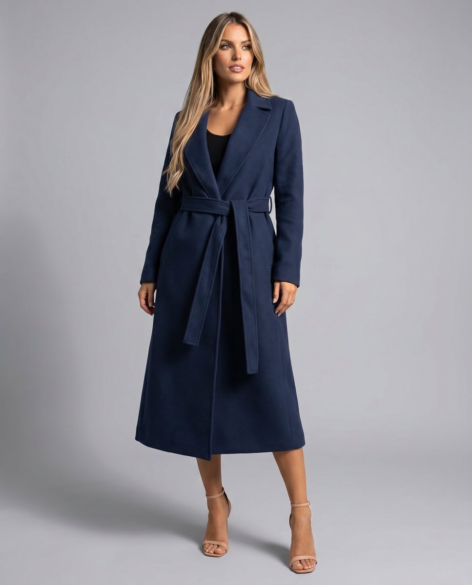 Women’s Long-Line Wool Blend Trench Coat with Belted Waist 3
