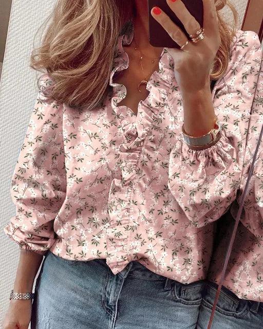 Women’s Long Sleeve Blouse Elegant Ruffle V-Neck Design 1