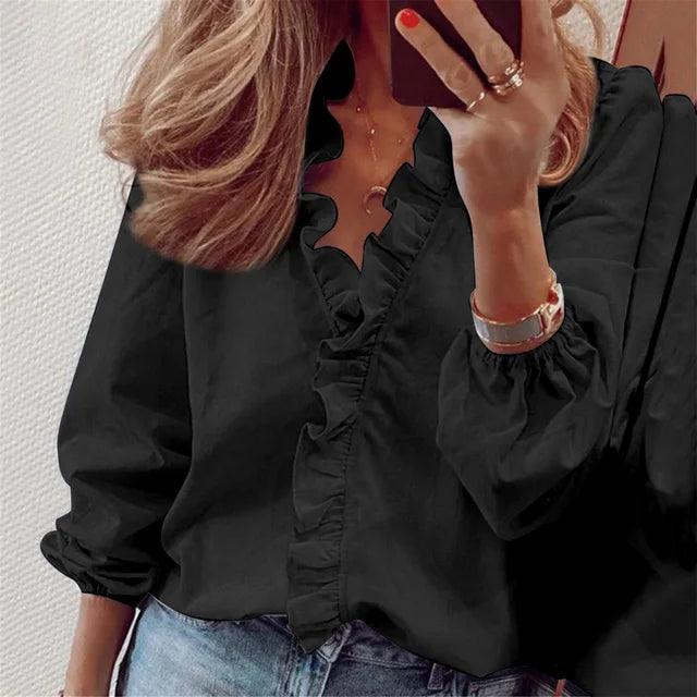 Women’s Long Sleeve Blouse Elegant Ruffle V-Neck Design 2