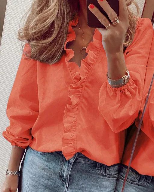 Women’s Long Sleeve Blouse Elegant Ruffle V-Neck Design 4