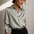 Women’s Long Sleeve Blouse Elegant Satin Button-Down Style 0