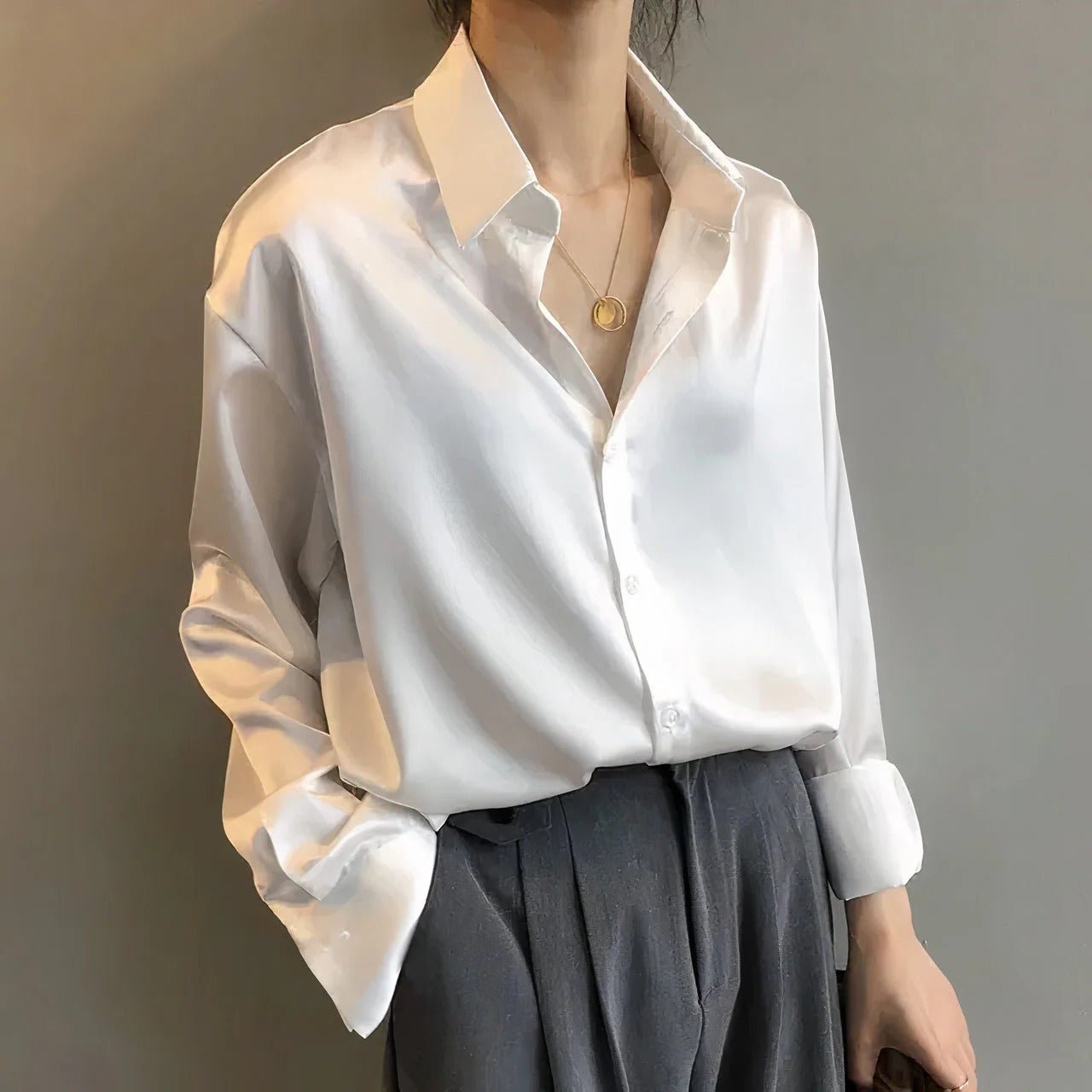 Women’s Long Sleeve Blouse Elegant Satin Button-Down Style 1