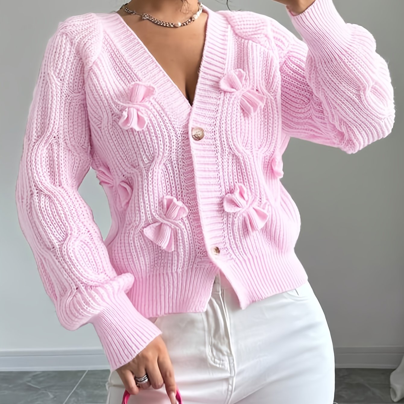 Women’s Long Sleeve Cardigan with Soft Bow Detail 0