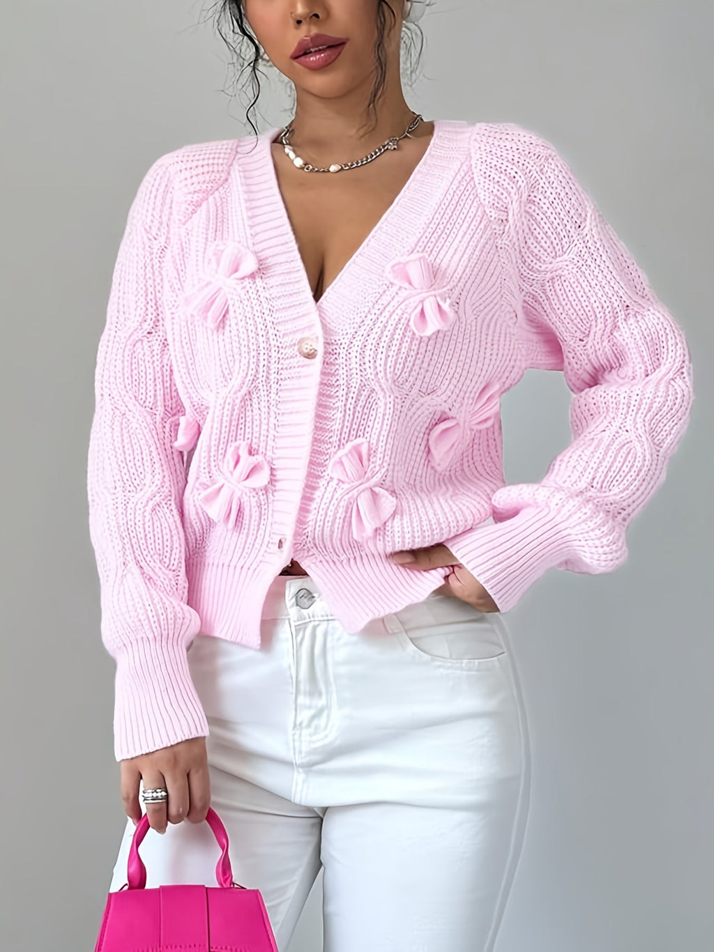 Women’s Long Sleeve Cardigan with Soft Bow Detail 2
