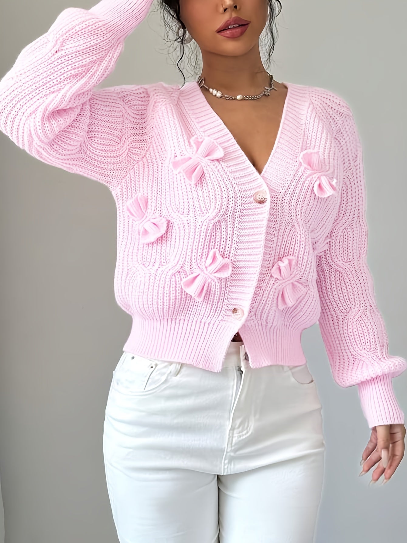 Women’s Long Sleeve Cardigan with Soft Bow Detail 3
