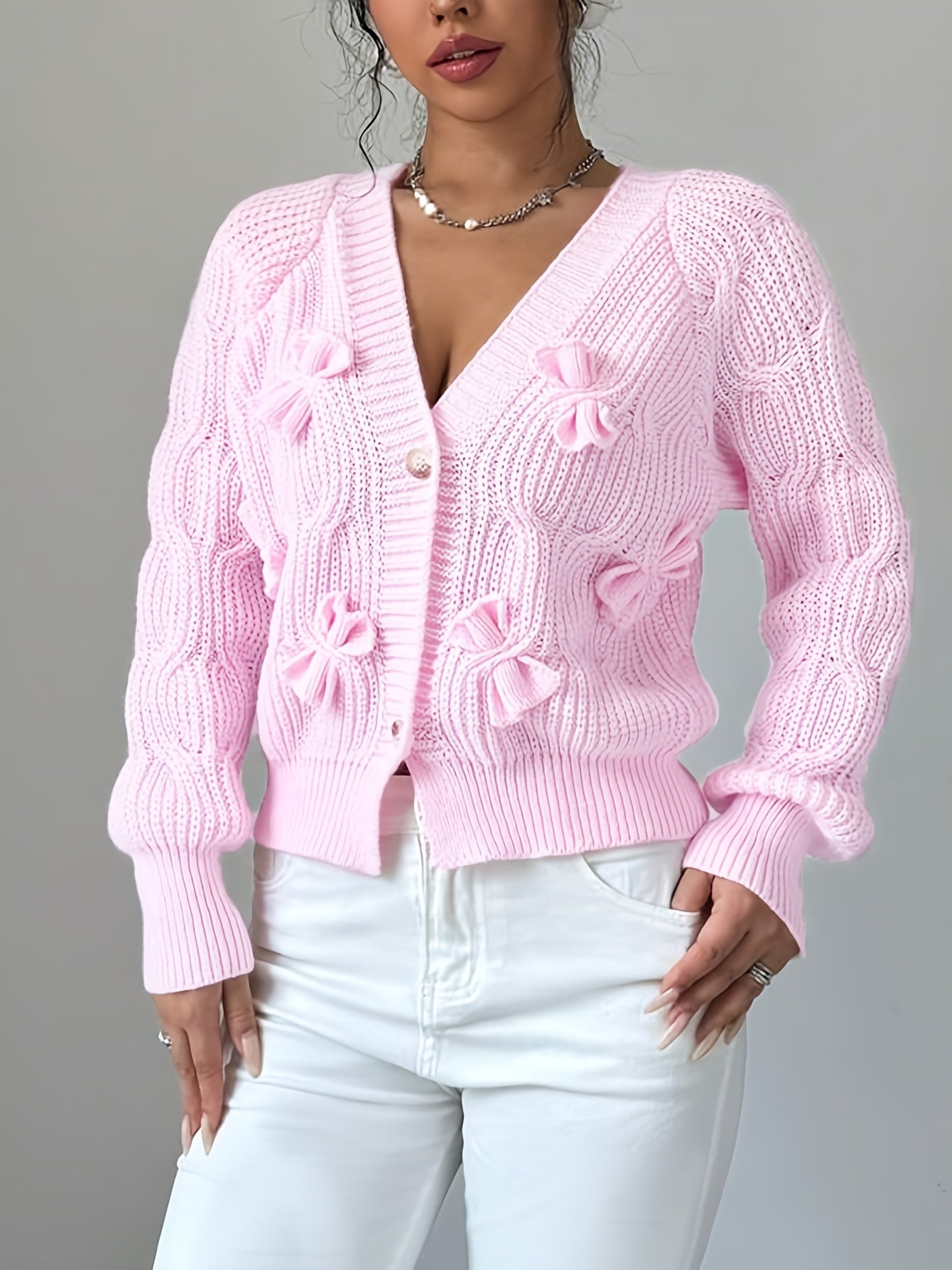 Women’s Long Sleeve Cardigan with Soft Bow Detail 4