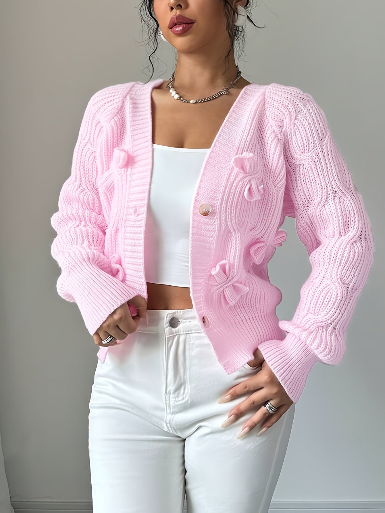 Women’s Long Sleeve Cardigan with Soft Bow Detail 5