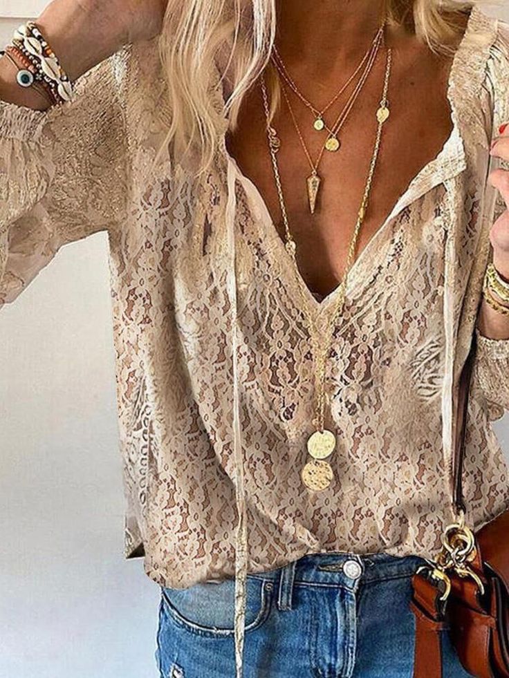 Women’s Long Sleeve Lace Blouse V-Neck Boho Style 0