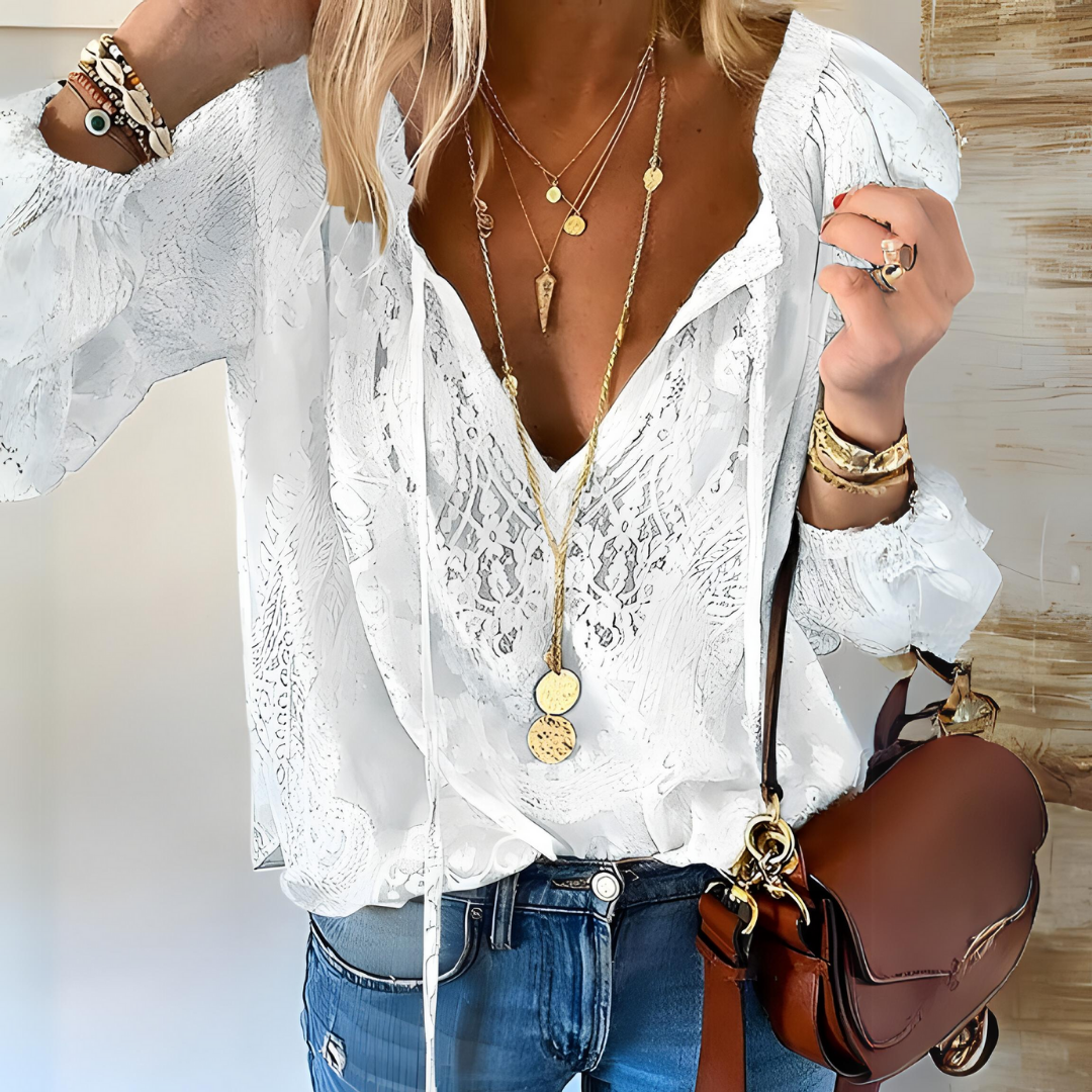 Women’s Long Sleeve Lace Blouse V-Neck Boho Style 1