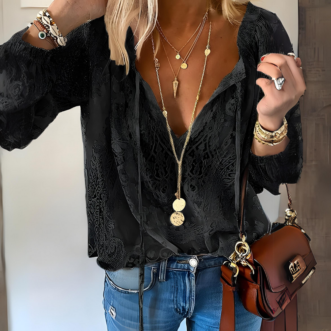 Women’s Long Sleeve Lace Blouse V-Neck Boho Style 2