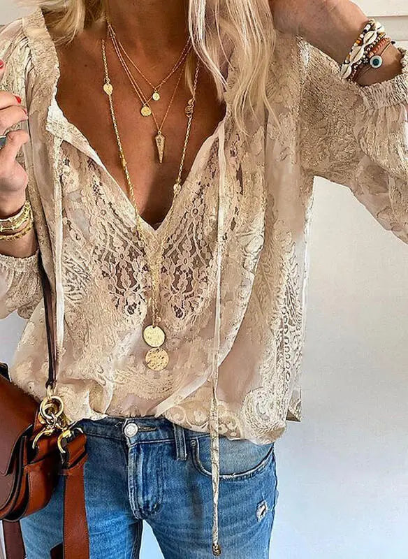 Women’s Long Sleeve Lace Blouse V-Neck Boho Style 4