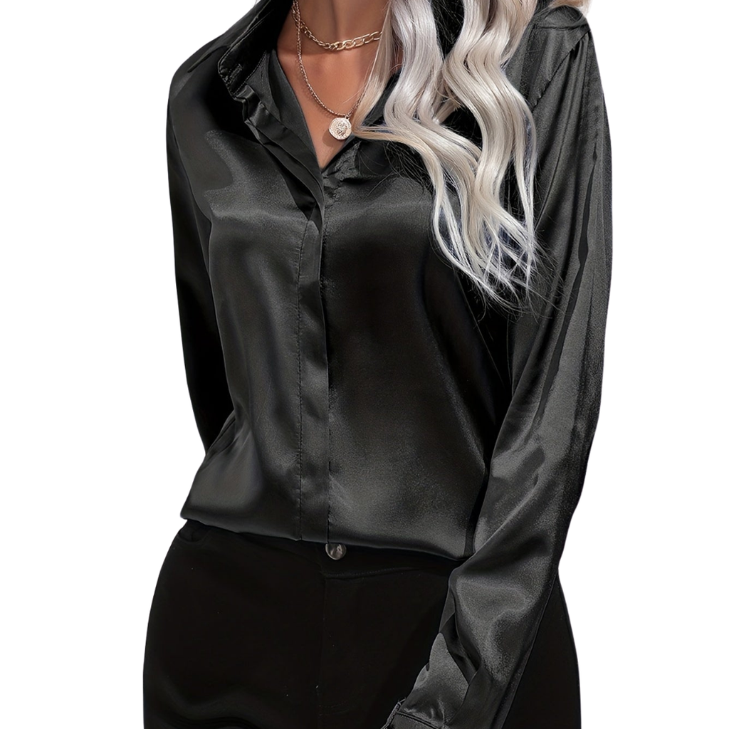 Women’s Long Sleeve Satin Blouse Classic Button-Down Elegance 1