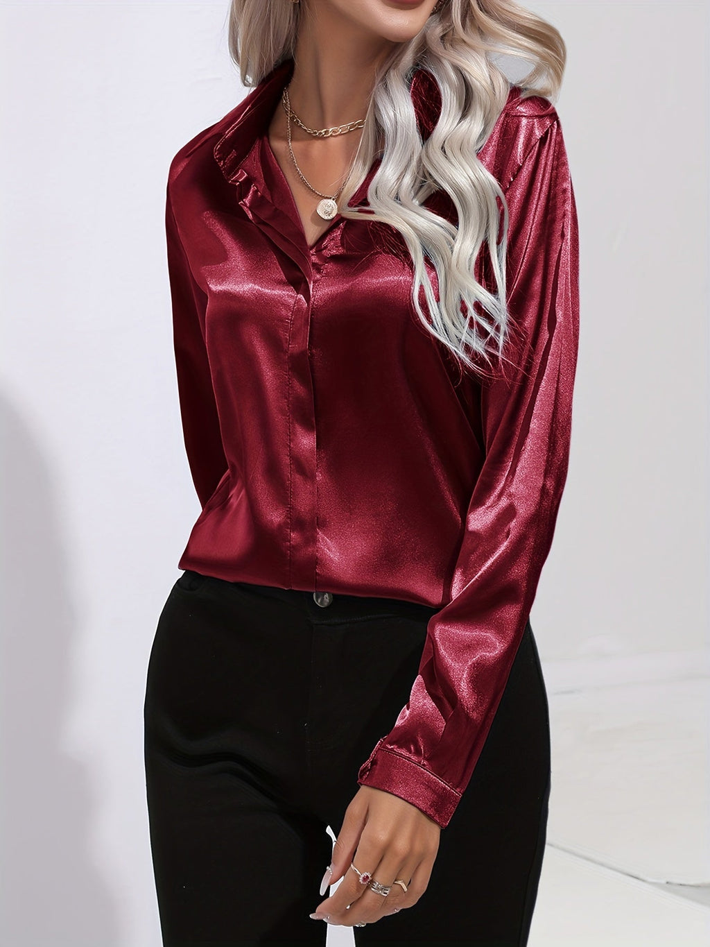 Women’s Long Sleeve Satin Blouse Classic Button-Down Elegance 4