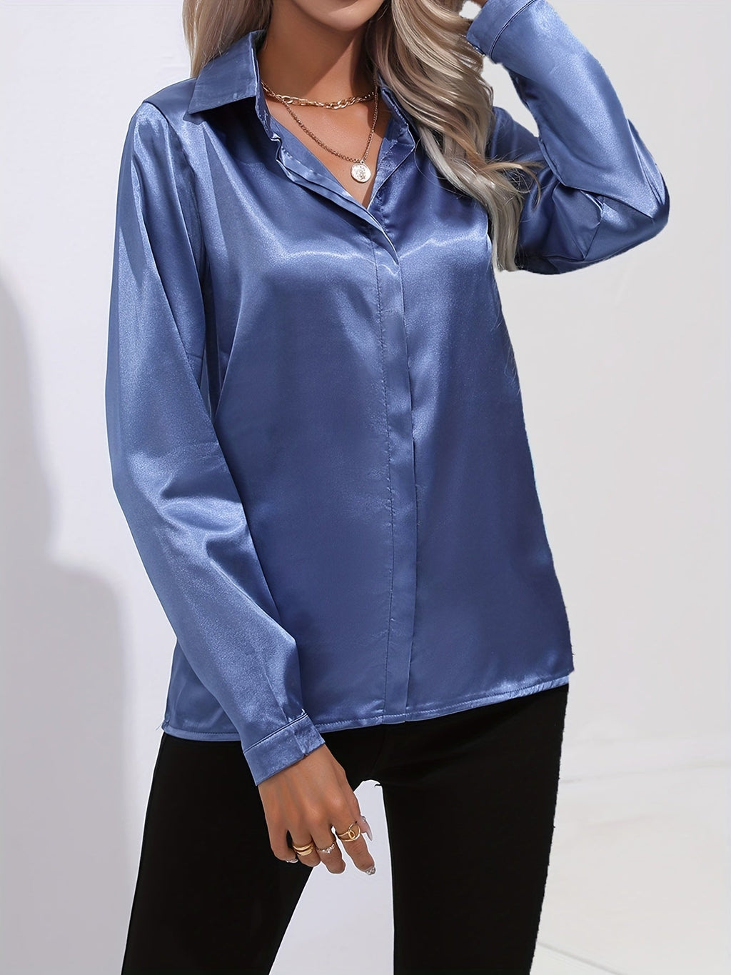 Women’s Long Sleeve Satin Blouse Classic Button-Down Elegance 8