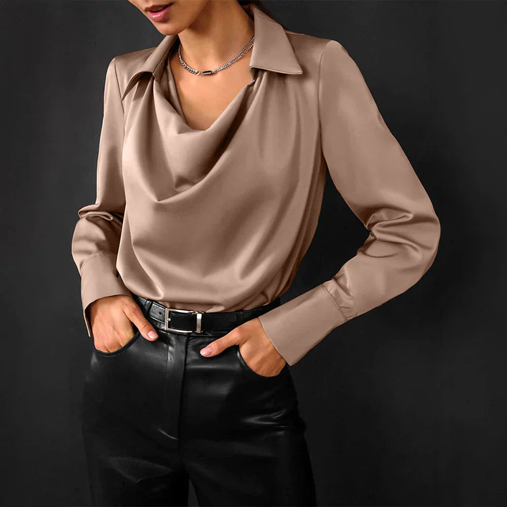 Women’s Long Sleeve Satin Blouse Elegant Drape Neck Design 0