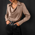 Women’s Long Sleeve Satin Blouse Elegant Drape Neck Design 0
