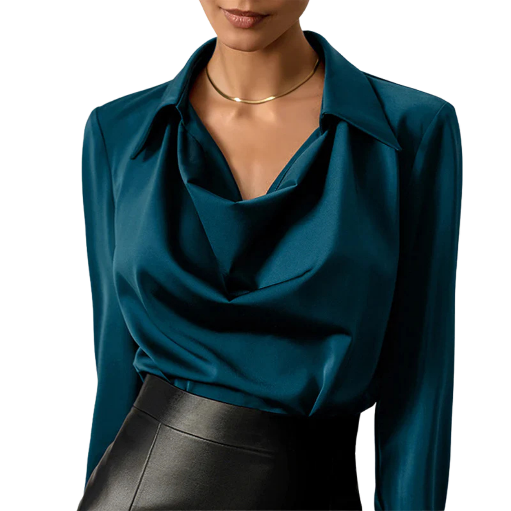 Women’s Long Sleeve Satin Blouse Elegant Drape Neck Design 1