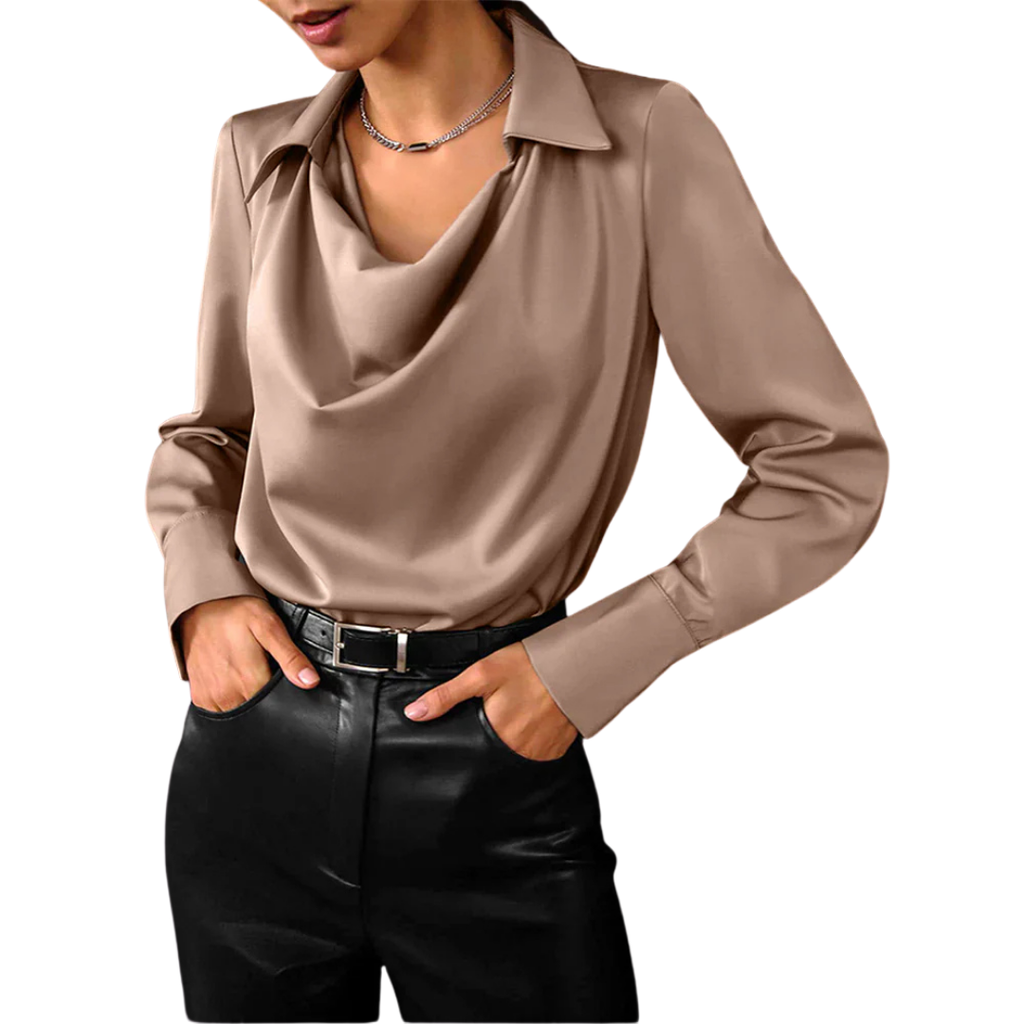 Women’s Long Sleeve Satin Blouse Elegant Drape Neck Design 2