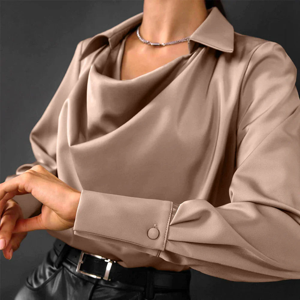 Women’s Long Sleeve Satin Blouse Elegant Drape Neck Design 3