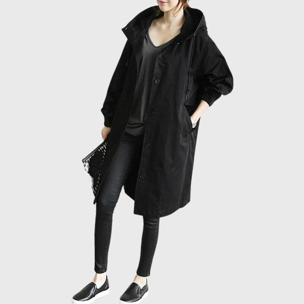 Women’s Long Trench Coat Relaxed Fit with Hooded Design 1