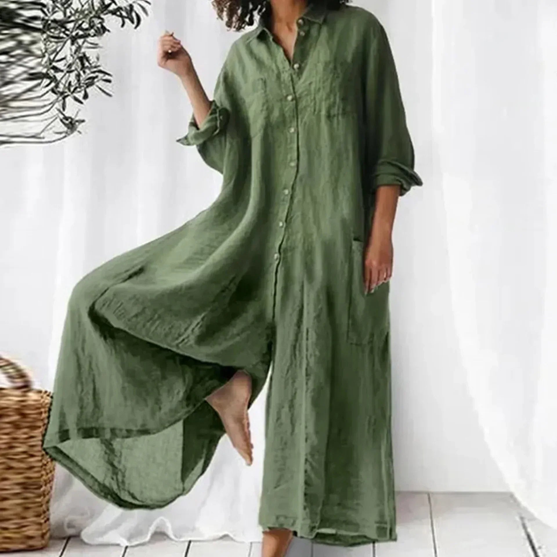 Women’s Loose Jumpsuit Relaxed Fit Button-Down Design 0