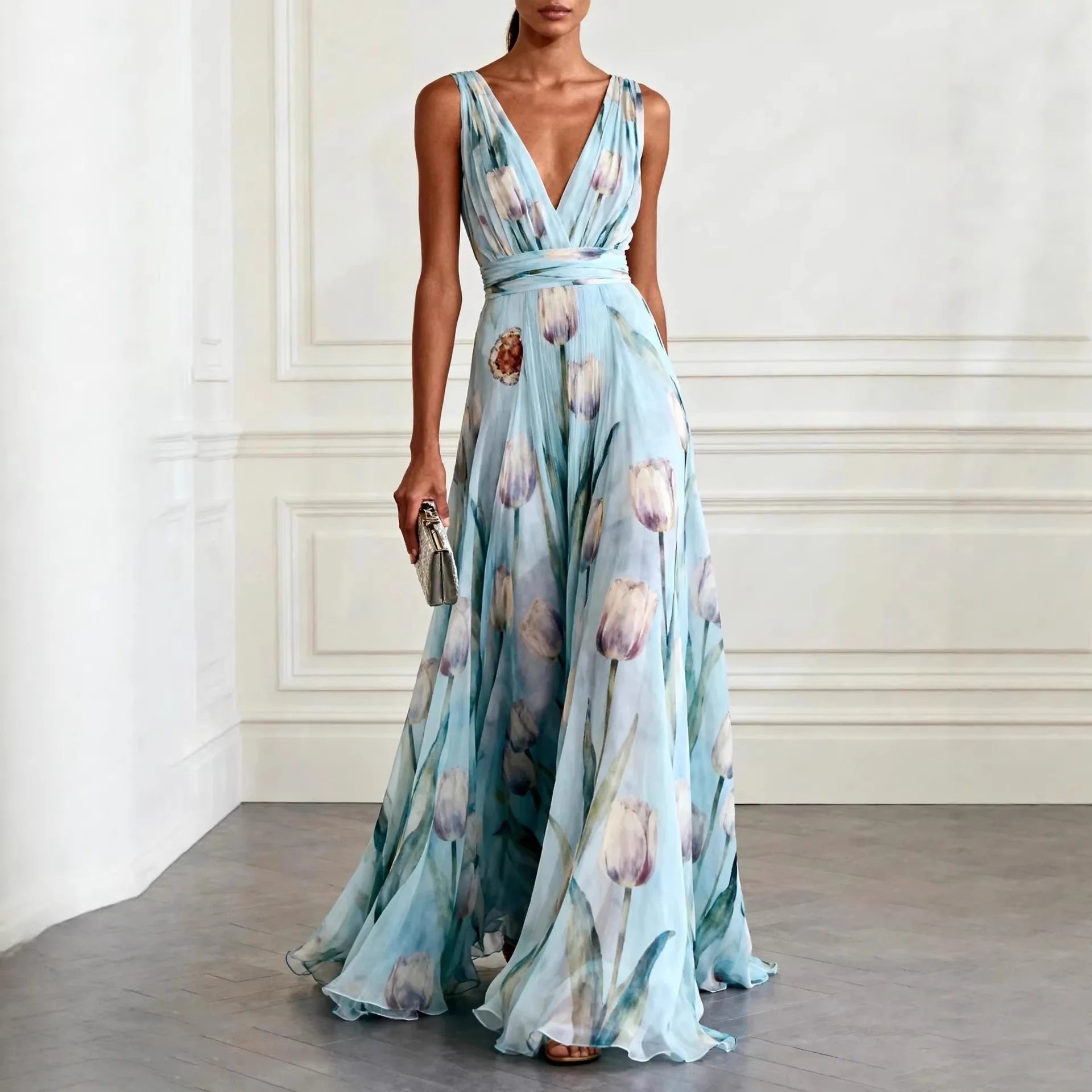 Women’s Maxi Dress Elegant Wrap Design with Tulip Print 0