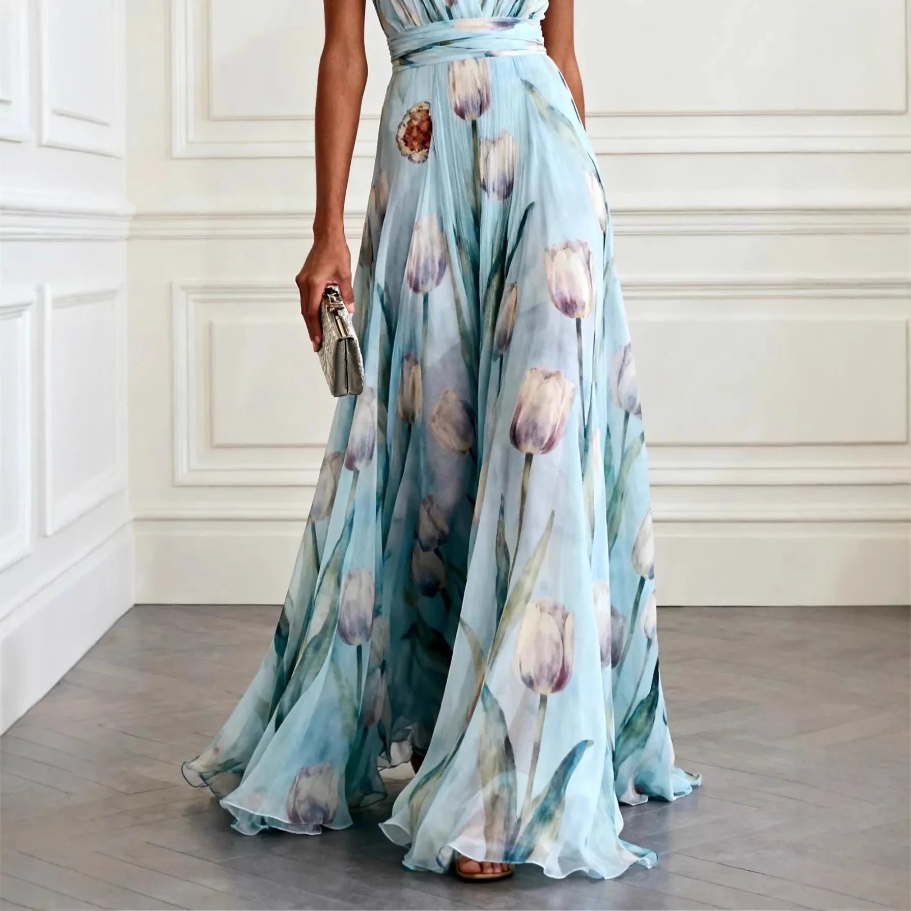 Women’s Maxi Dress Elegant Wrap Design with Tulip Print 1