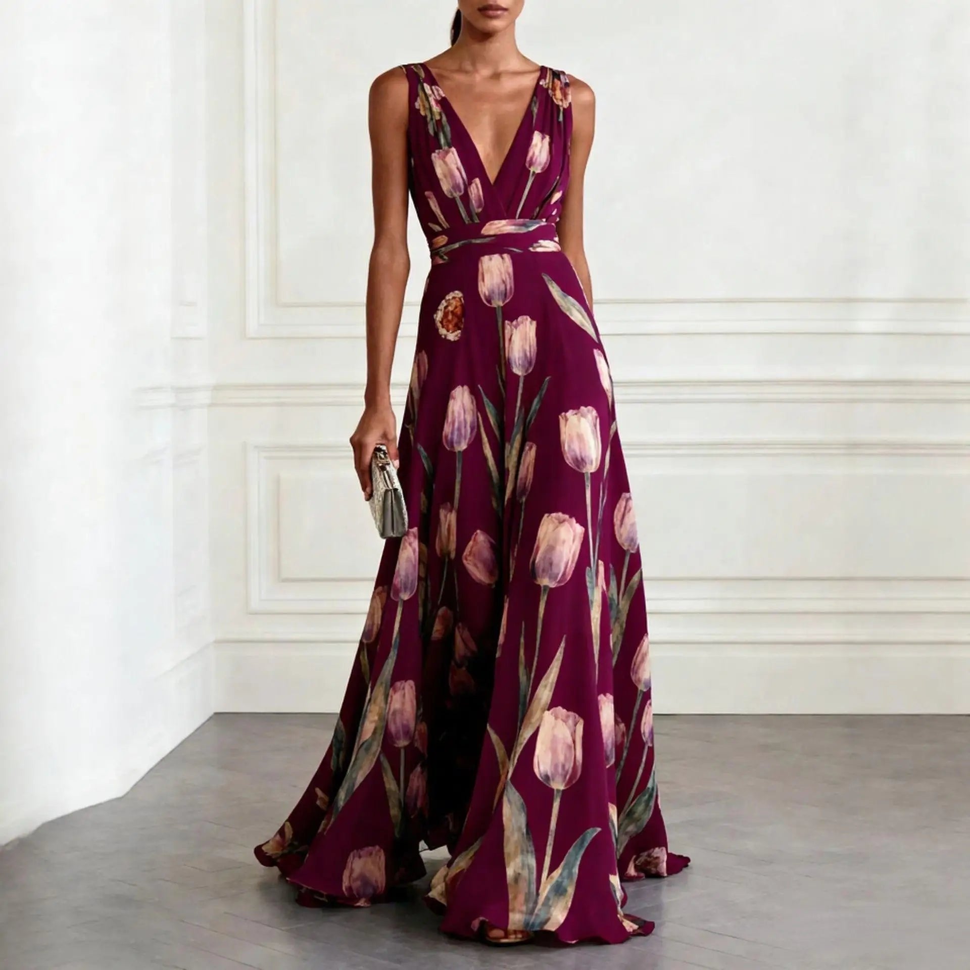 Women’s Maxi Dress Elegant Wrap Design with Tulip Print 3