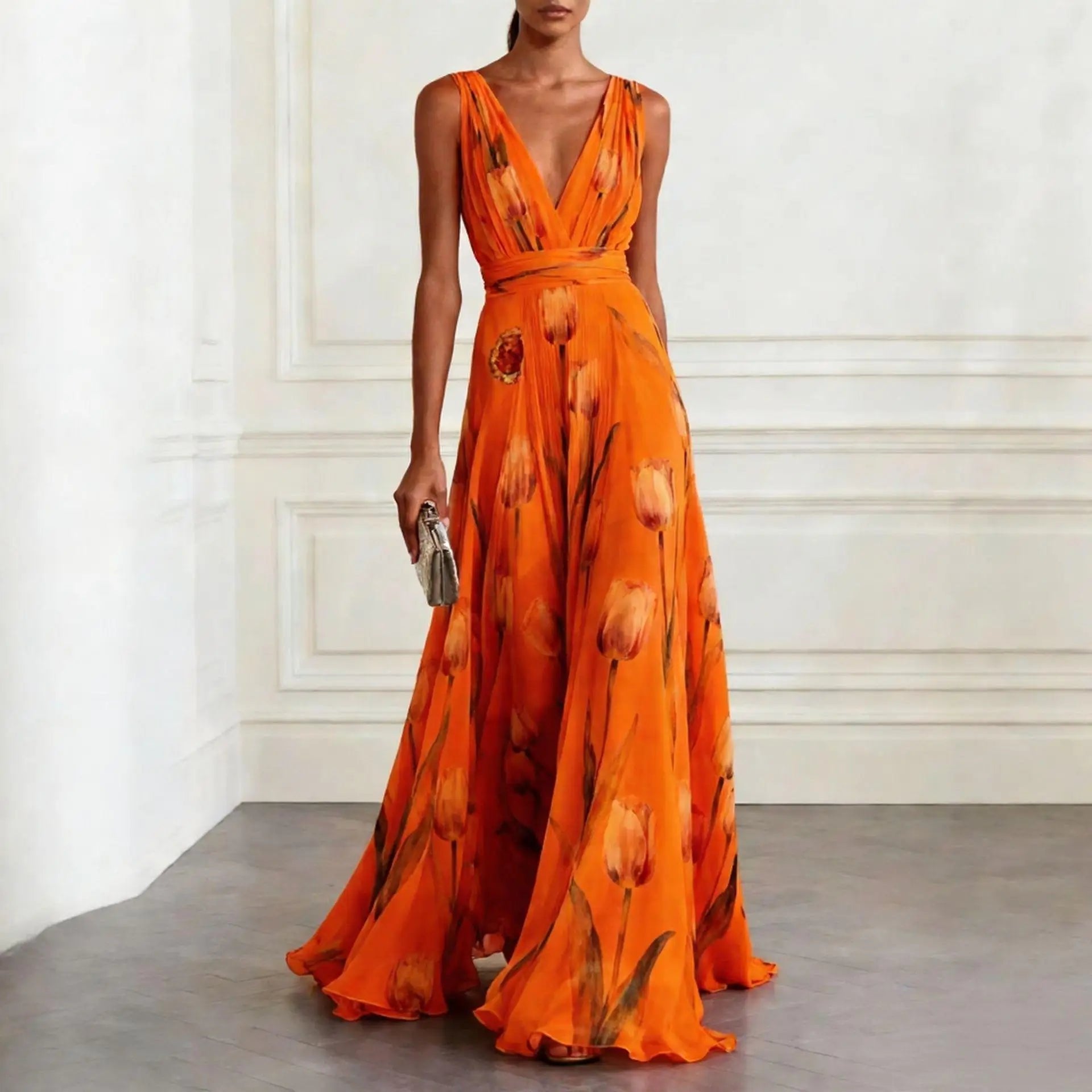 Women’s Maxi Dress Elegant Wrap Design with Tulip Print 4