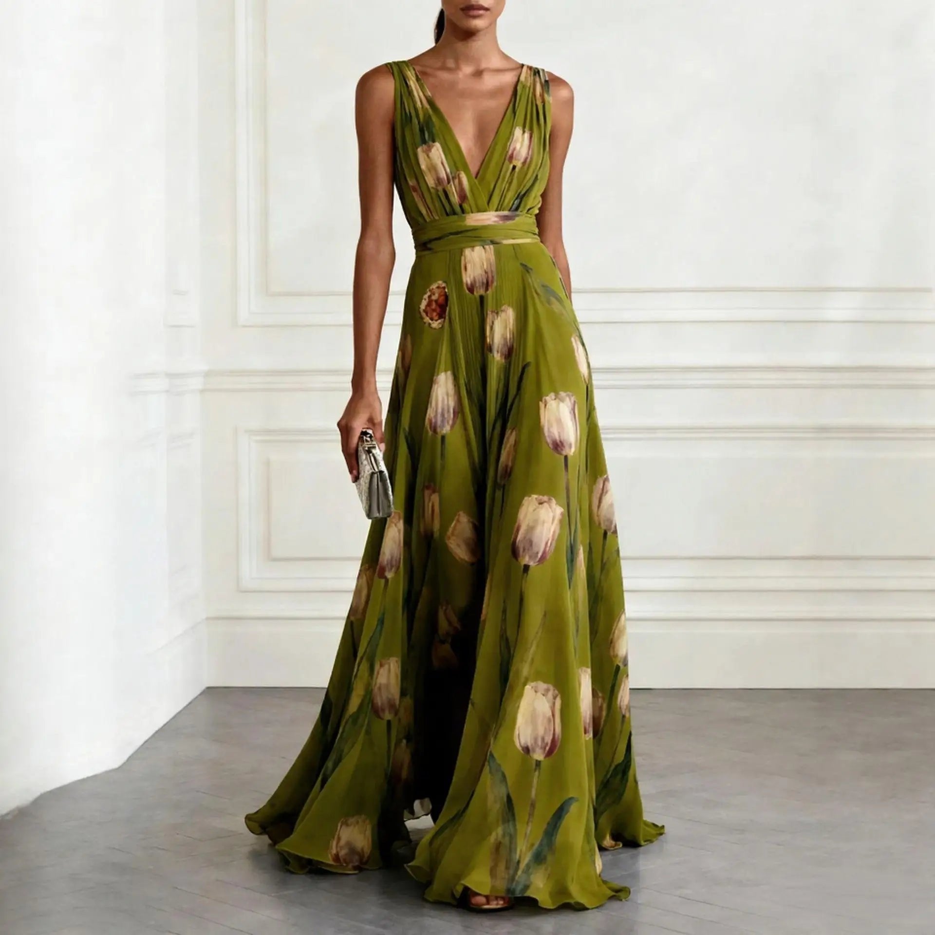 Women’s Maxi Dress Elegant Wrap Design with Tulip Print 5