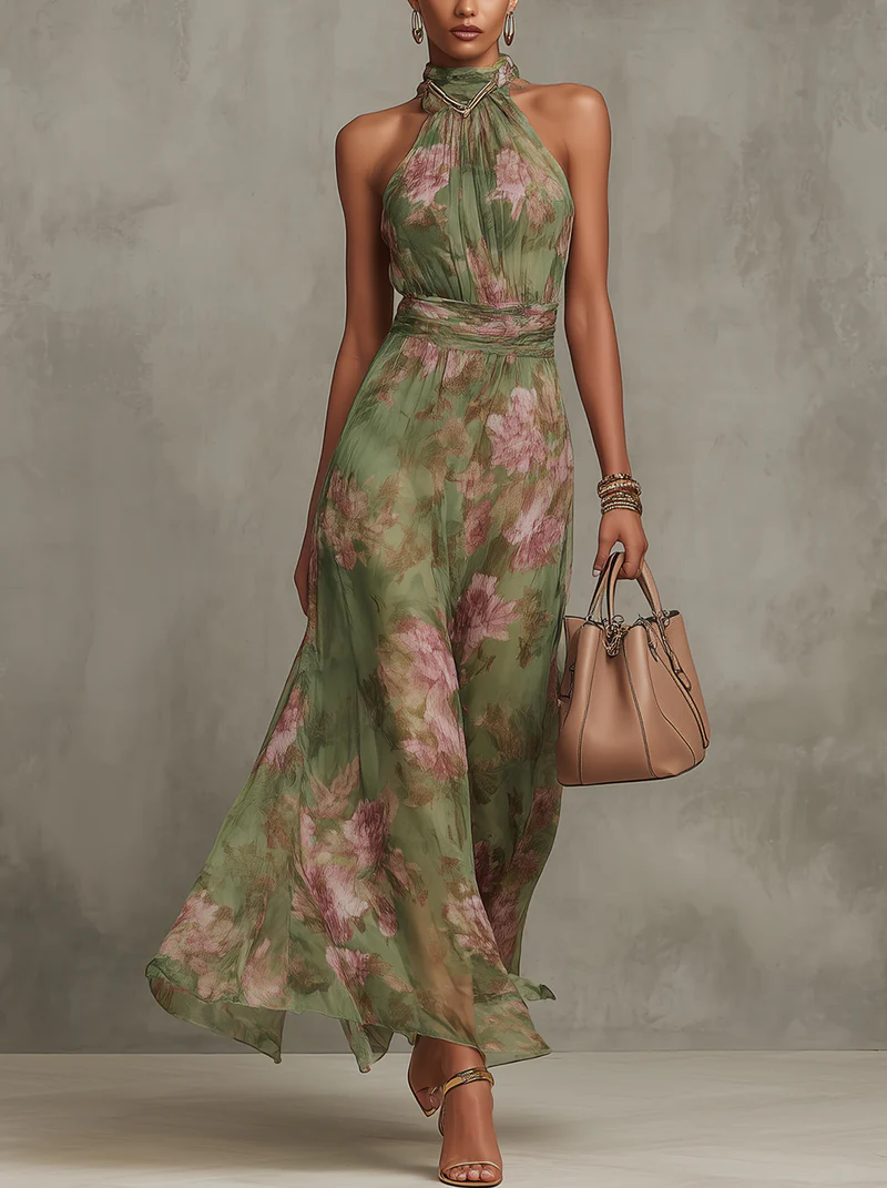 Women’s Maxi Dress Halter Neck Floral Chiffon Design 0