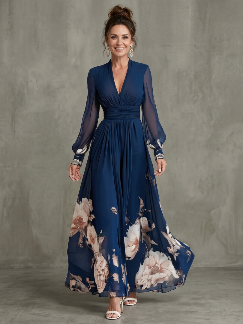 Women’s Maxi Dress Pleated Sheer Sleeves and Defined Waist 0