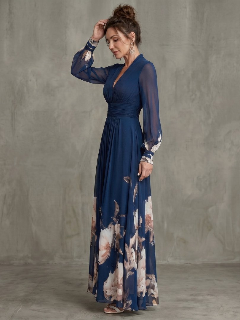 Women’s Maxi Dress Pleated Sheer Sleeves and Defined Waist 1