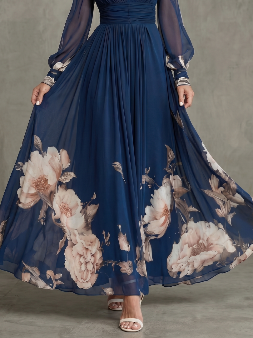 Women’s Maxi Dress Pleated Sheer Sleeves and Defined Waist 2
