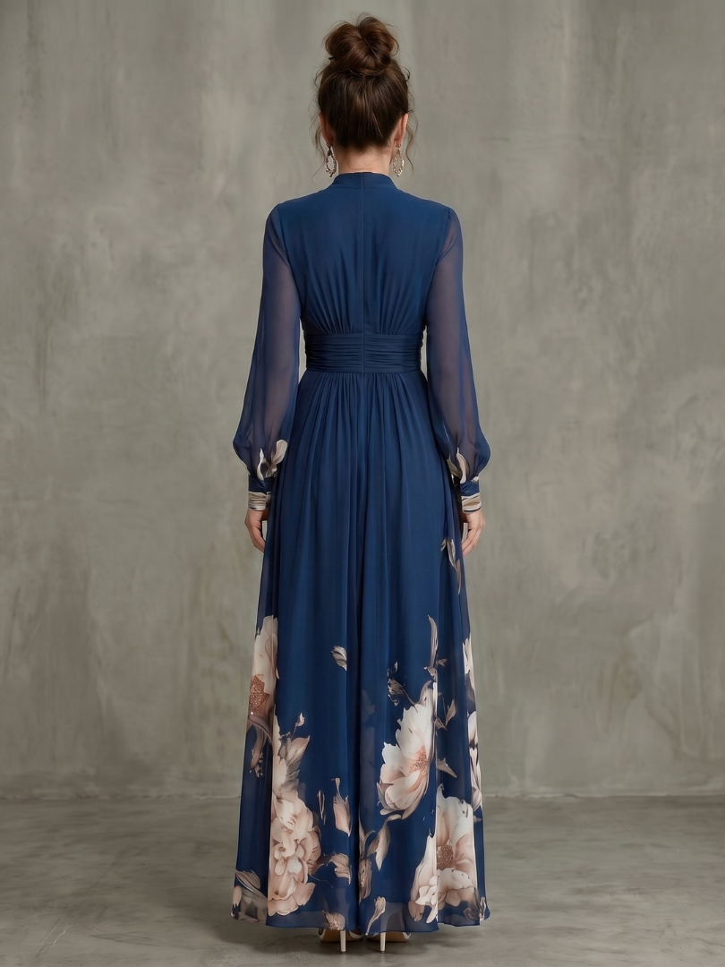 Women’s Maxi Dress Pleated Sheer Sleeves and Defined Waist 3