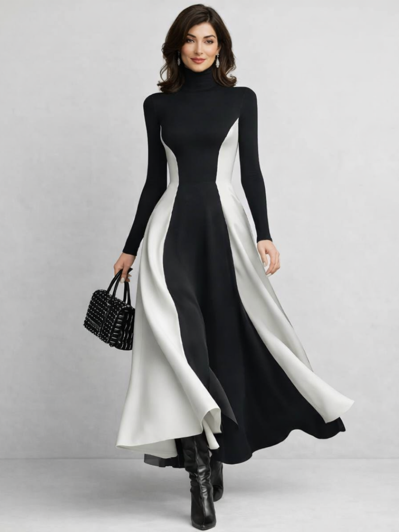 Women’s Maxi Dress Sculpted Contrast Turtleneck Design 0