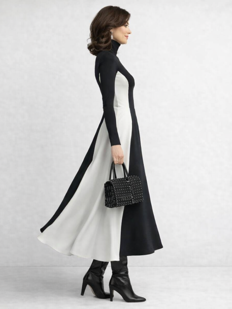 Women’s Maxi Dress Sculpted Contrast Turtleneck Design 1
