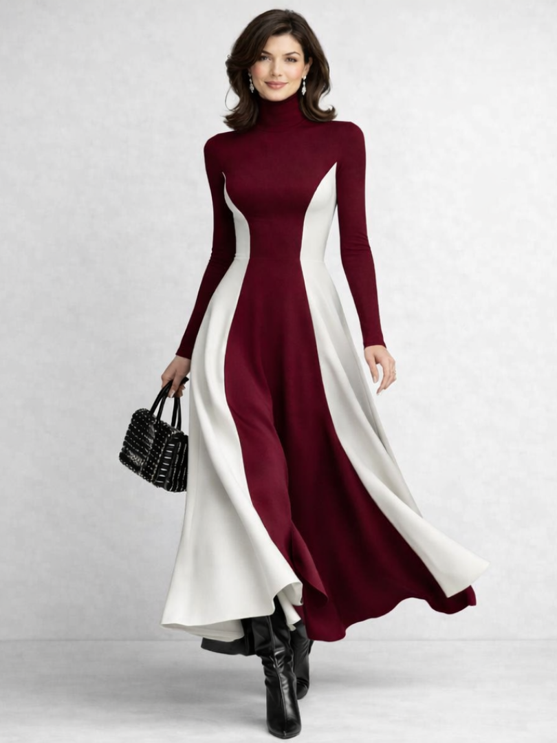Women’s Maxi Dress Sculpted Contrast Turtleneck Design 5