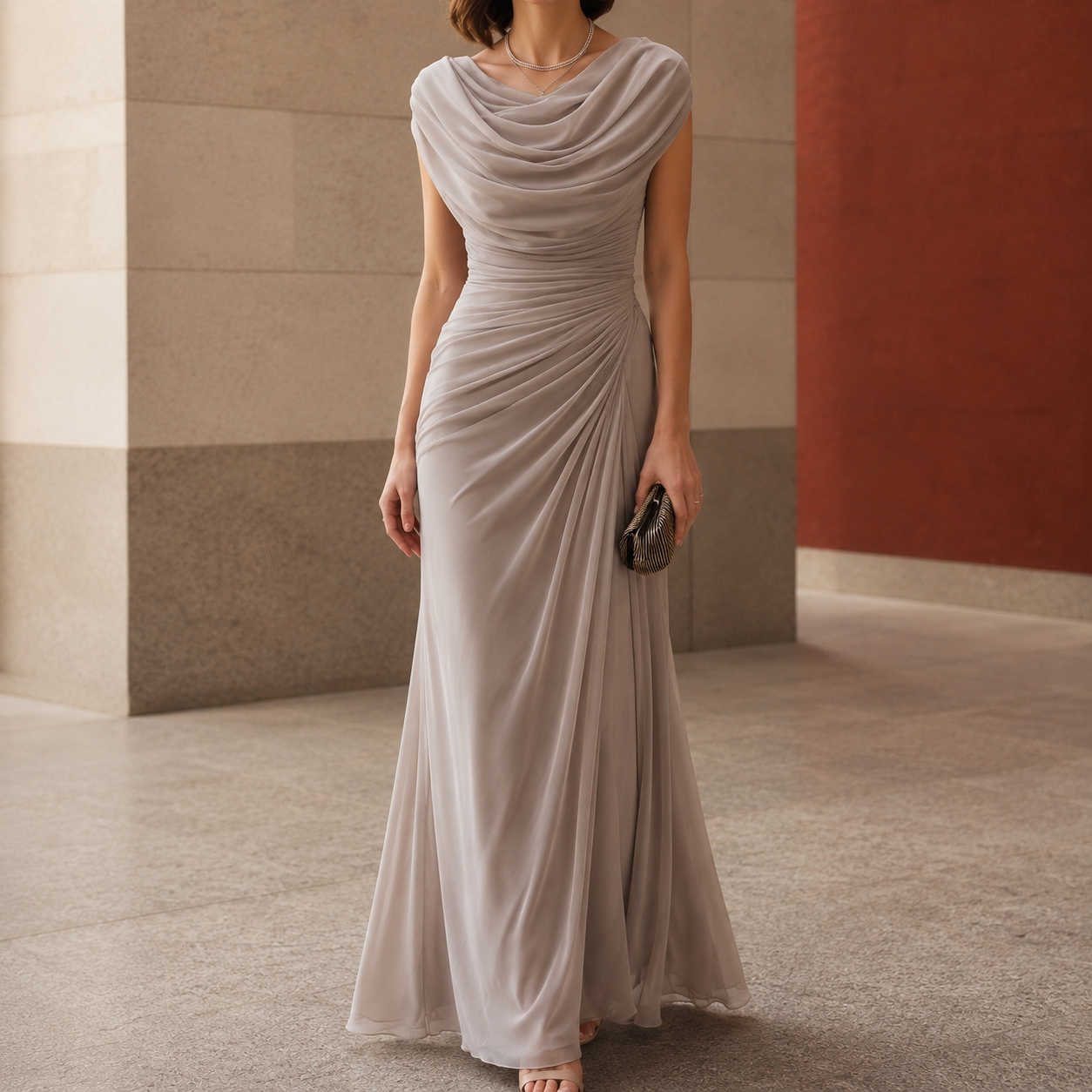 Women’s Maxi Dress with Cowl Neck and Ruched Waist 0