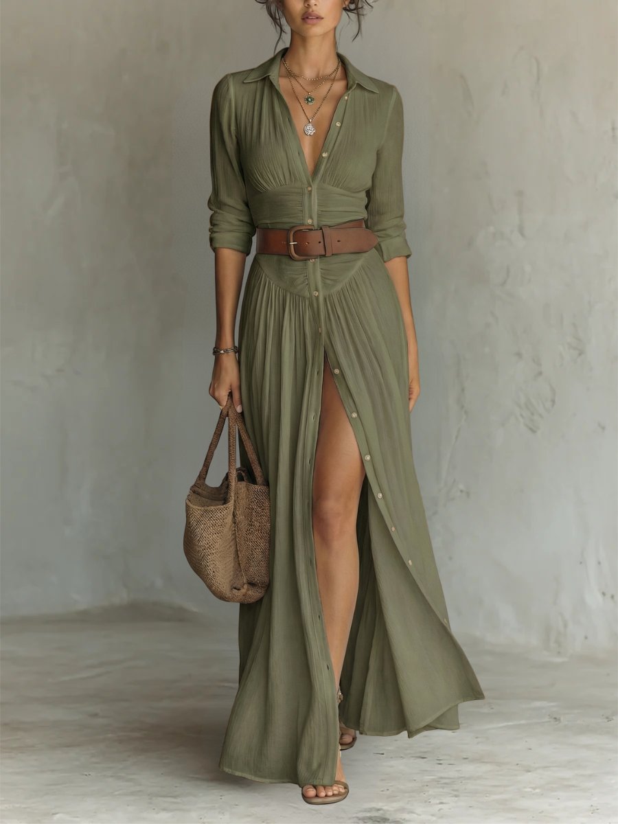 Women’s Maxi Shirt Dress Classic Button-Front Boho Style 4