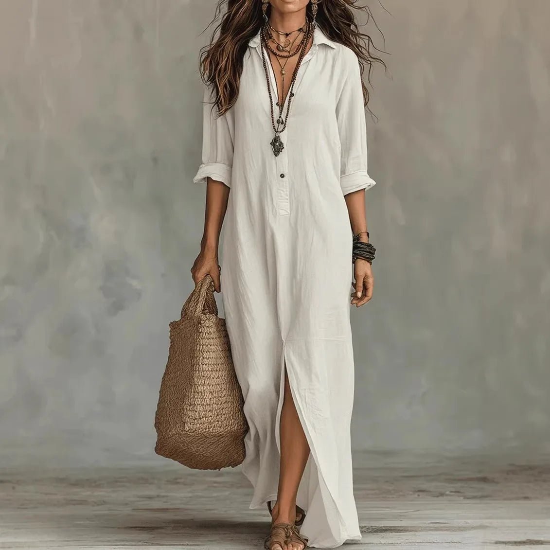Women’s Maxi Shirt Dress Loose Fit Three-Quarter Sleeves 0