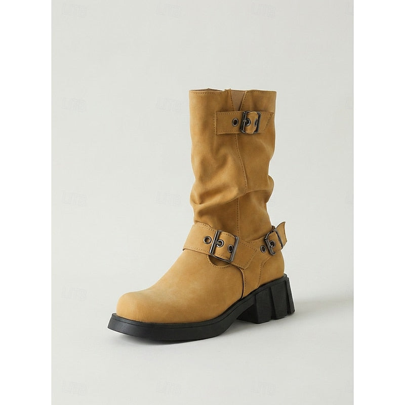 Women’s Mid-Calf Biker Boots with Buckle Detail 0