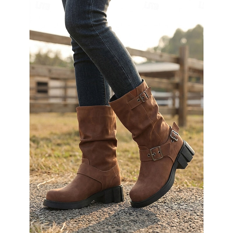Women’s Mid-Calf Biker Boots with Buckle Detail 1