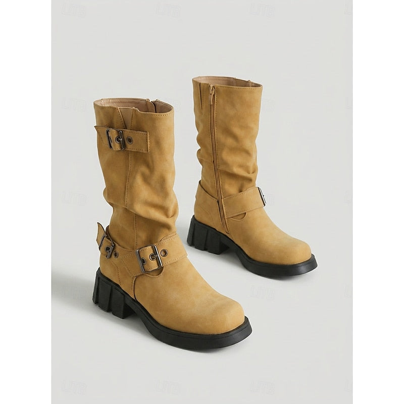 Women’s Mid-Calf Biker Boots with Buckle Detail 4