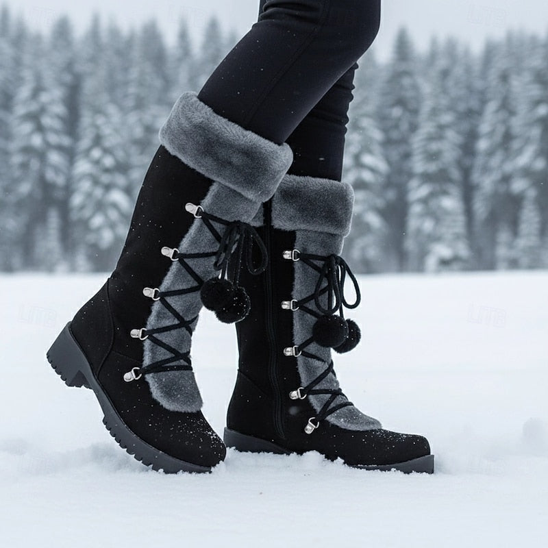 Women’s Mid-Calf Lace-Up Winter Boots with Fur Trim 0