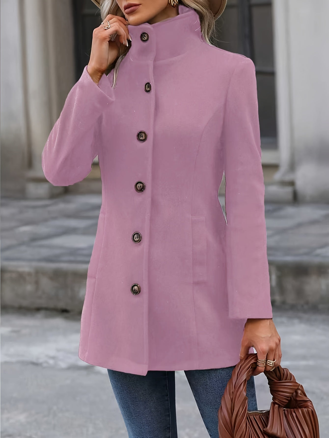 Women’s Mid-Length Coat Waist-Cinching Silhouette with Stand Collar 2