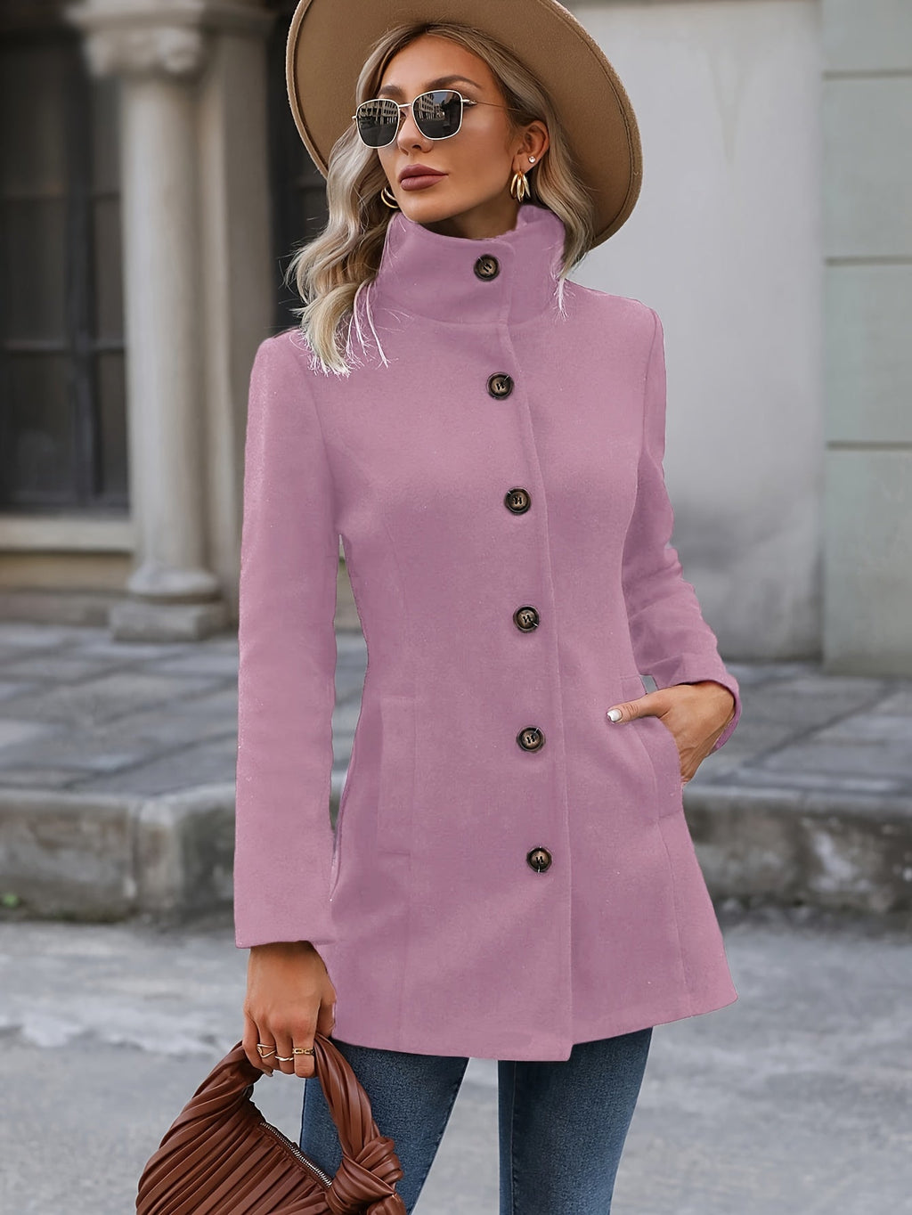 Women’s Mid-Length Coat Waist-Cinching Silhouette with Stand Collar 3