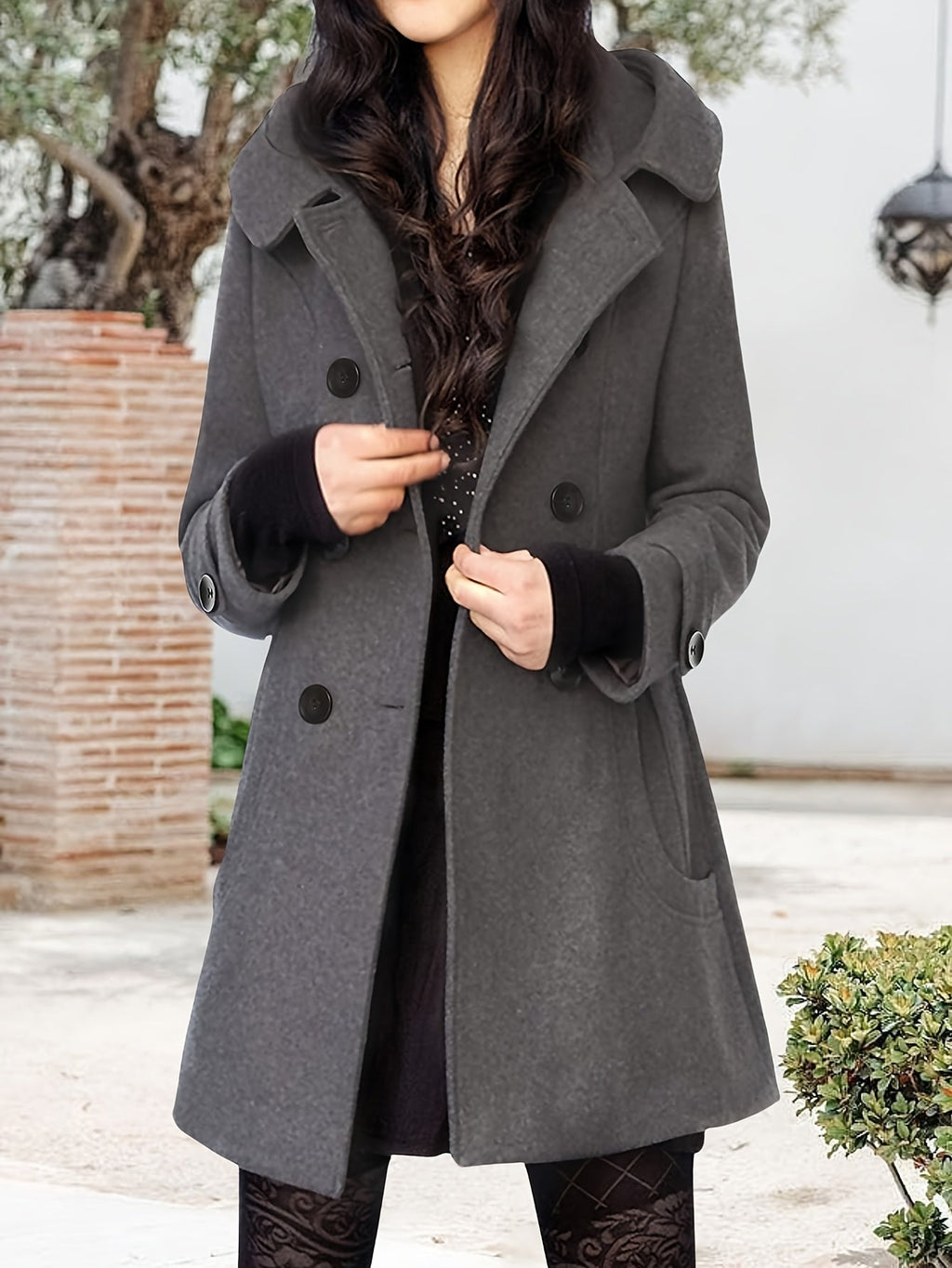Women’s Mid-Length Hooded Double-Breasted Wool Coat Elegant Design 7