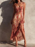 Women’s Midi Dress Asymmetric Floral Ruffle Slit 0